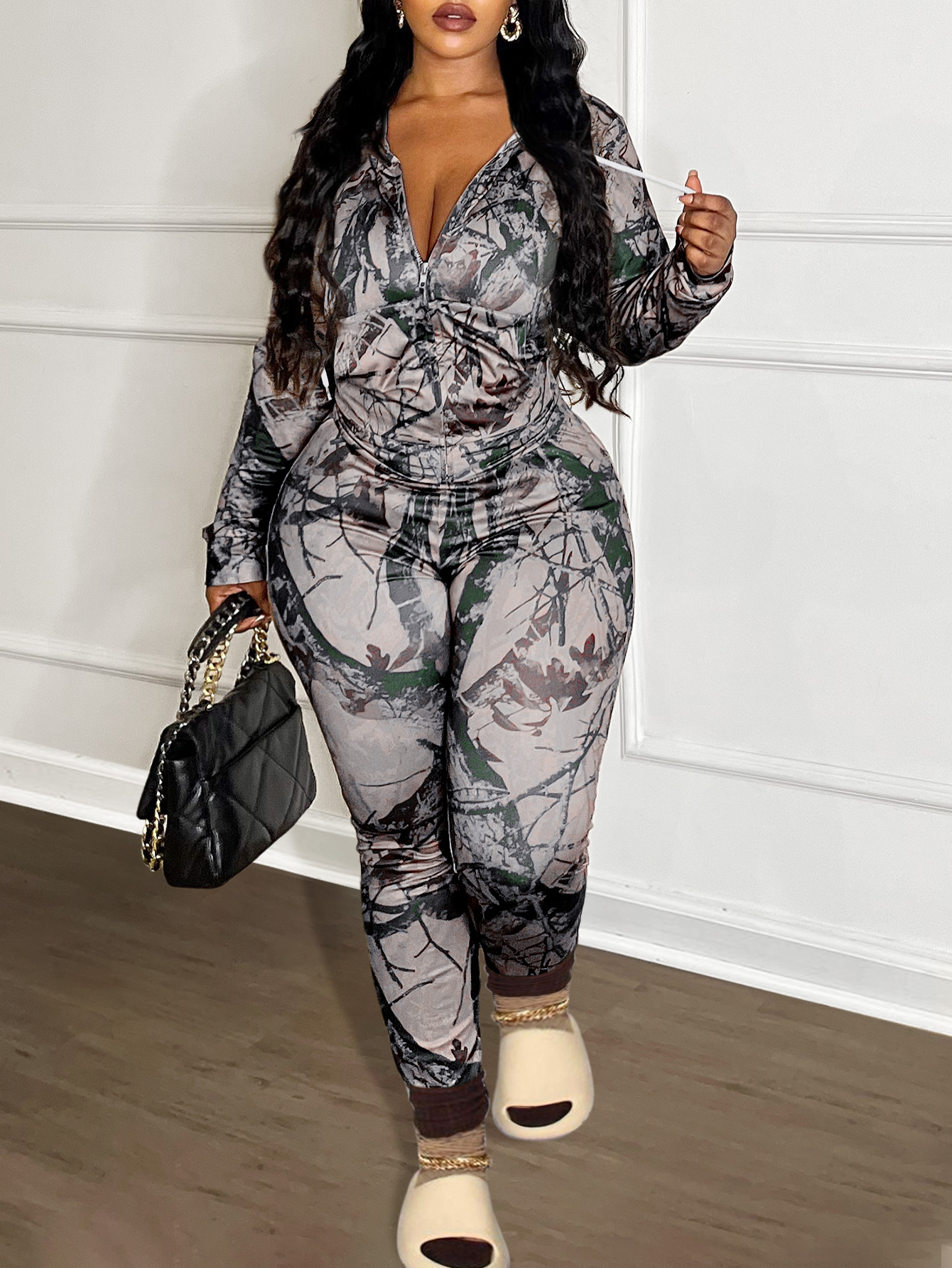 LW Plus Size Pocket Design Mixed Print Two-piece Pants Set 0X